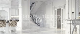 Авторская кованые балясины в роскошном интерьере белой гостиной выступают ярким акцентом